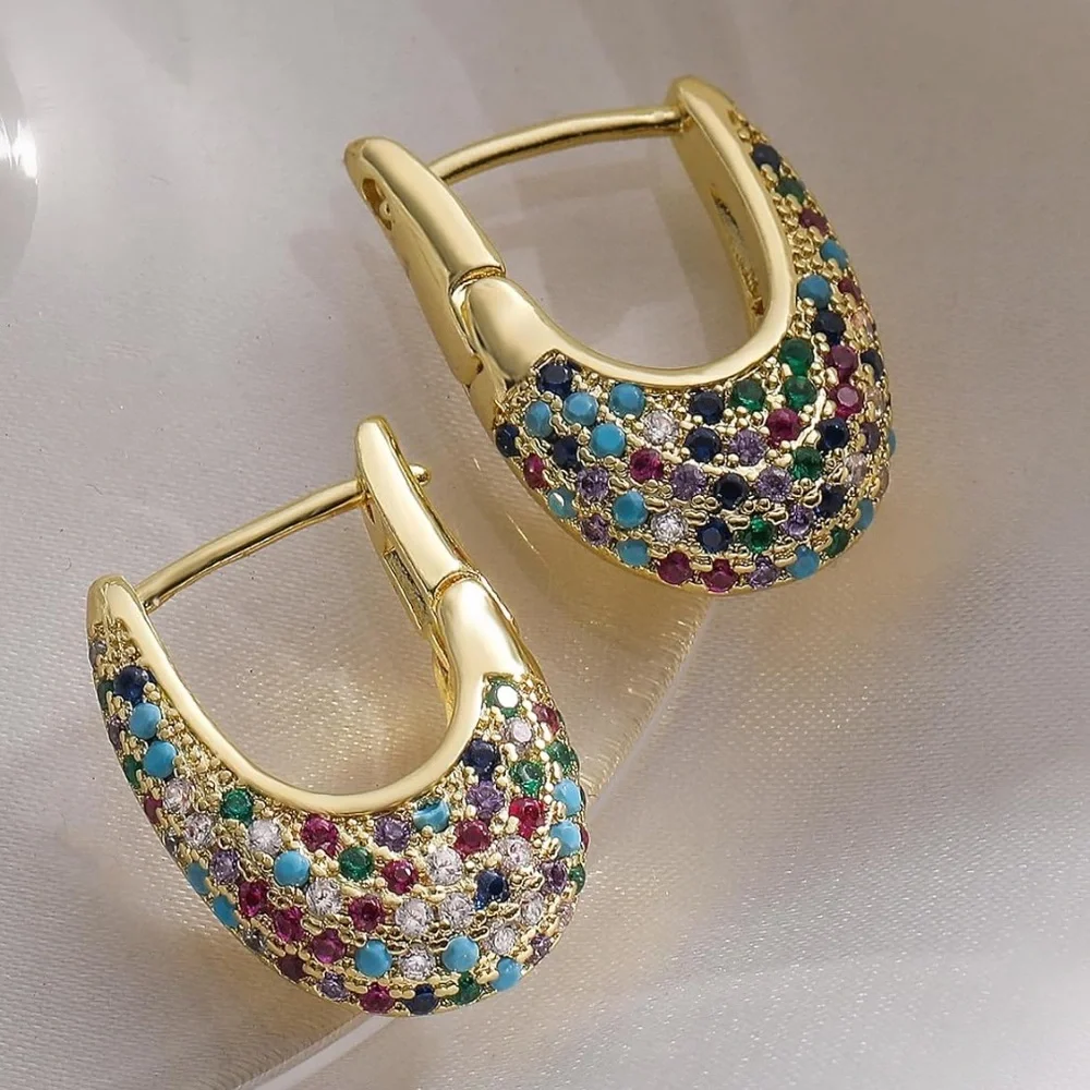 NEW 18K Gold Plated Cubic Zirconia Elegant Multicolor Gold Hoop Earrings - Picture 3 of 4